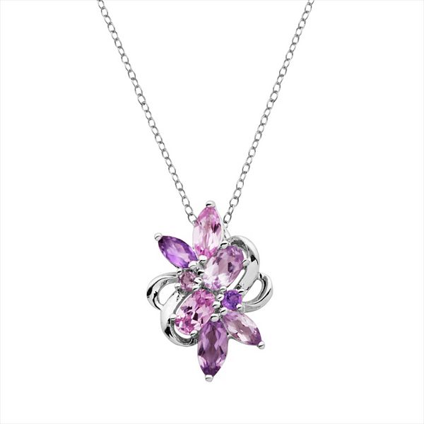 Sterling Silver Amethyst and Lab-Created Pink Sapphire Cluster Pendant