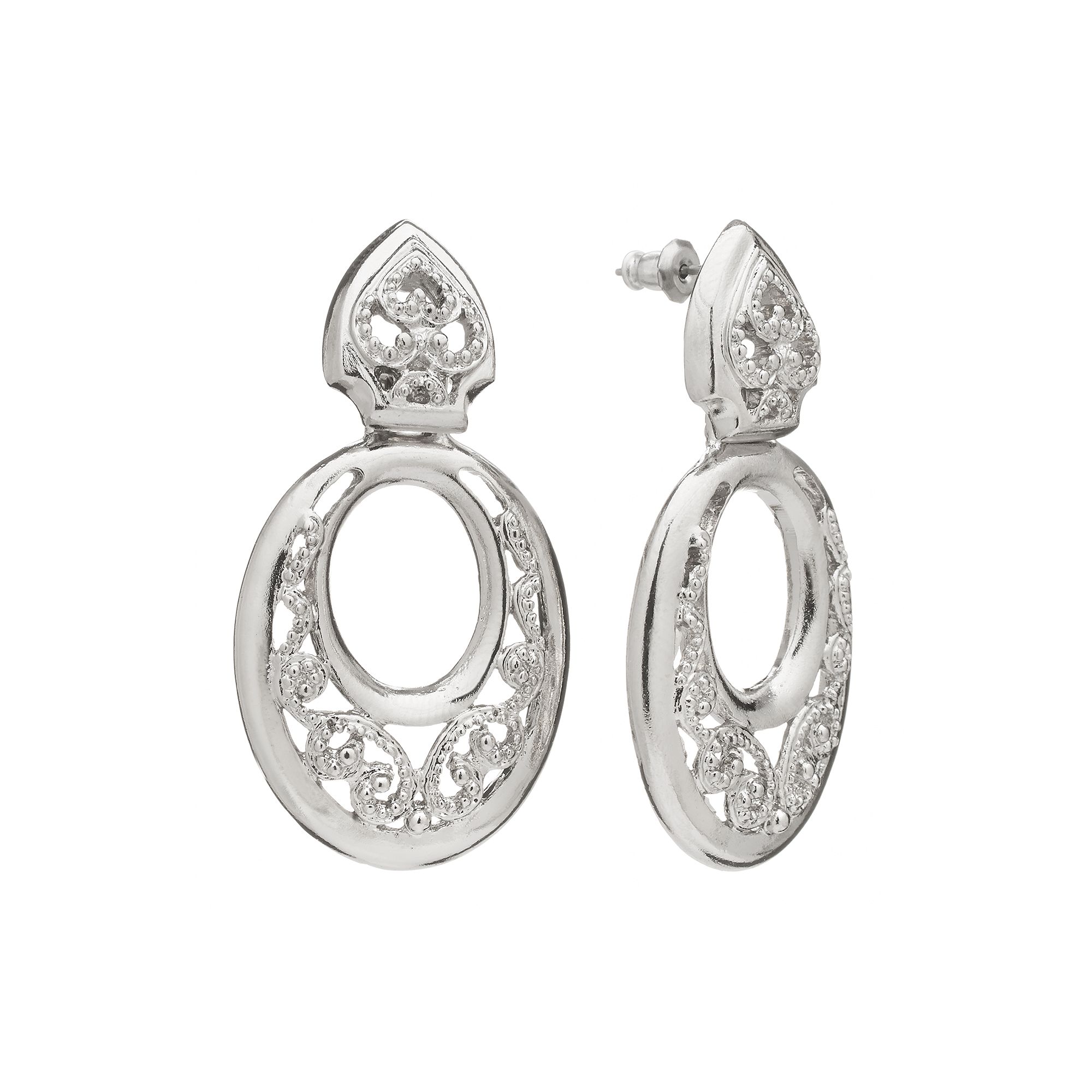 1928 Silver Tone Filigree Oval Drop Earrings, Womens