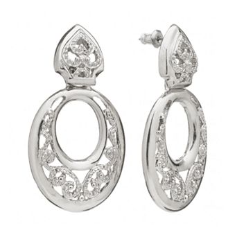 1928 Silver Tone Filigree Oval Drop Earrings