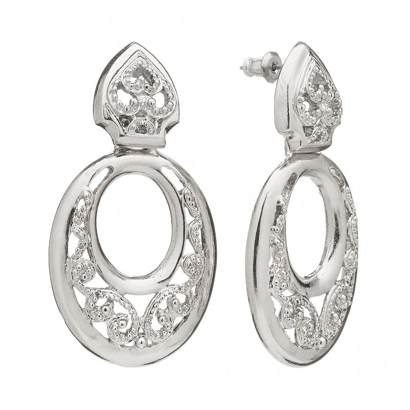 1928 Silver Tone Filigree Oval Drop Earrings, Womens, Grey