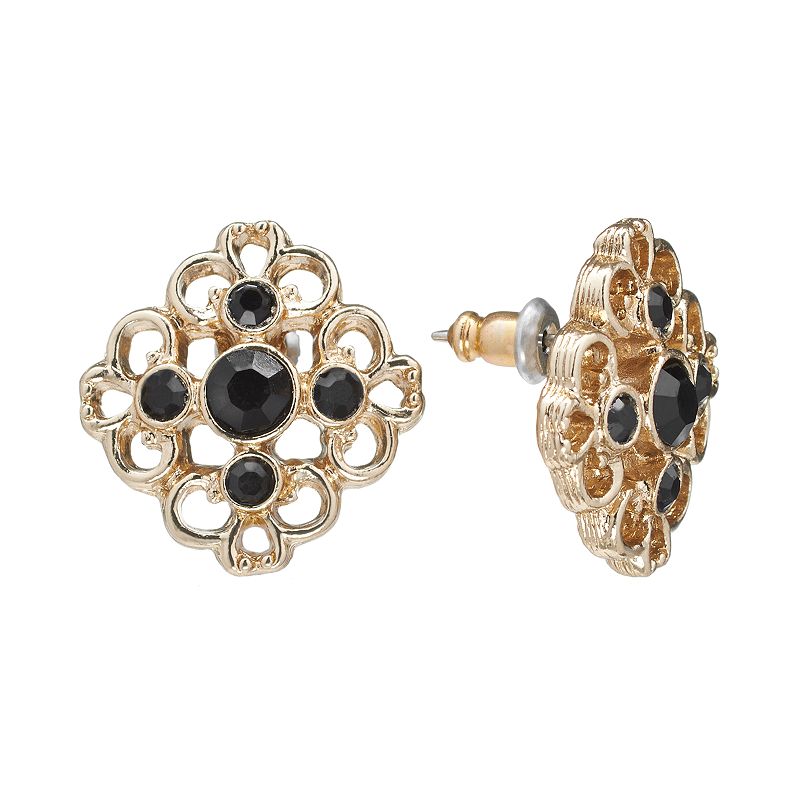 1928 Gold Tone Simulated Crystal Openwork Button Stud Earrings, Womens, Bl