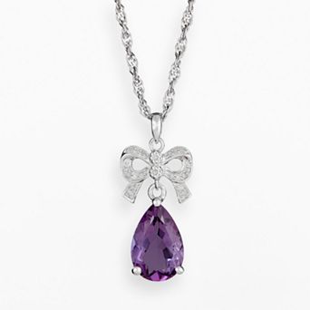 Celebration Gems Sterling Silver Amethyst and Diamond Accent Bow Pendant