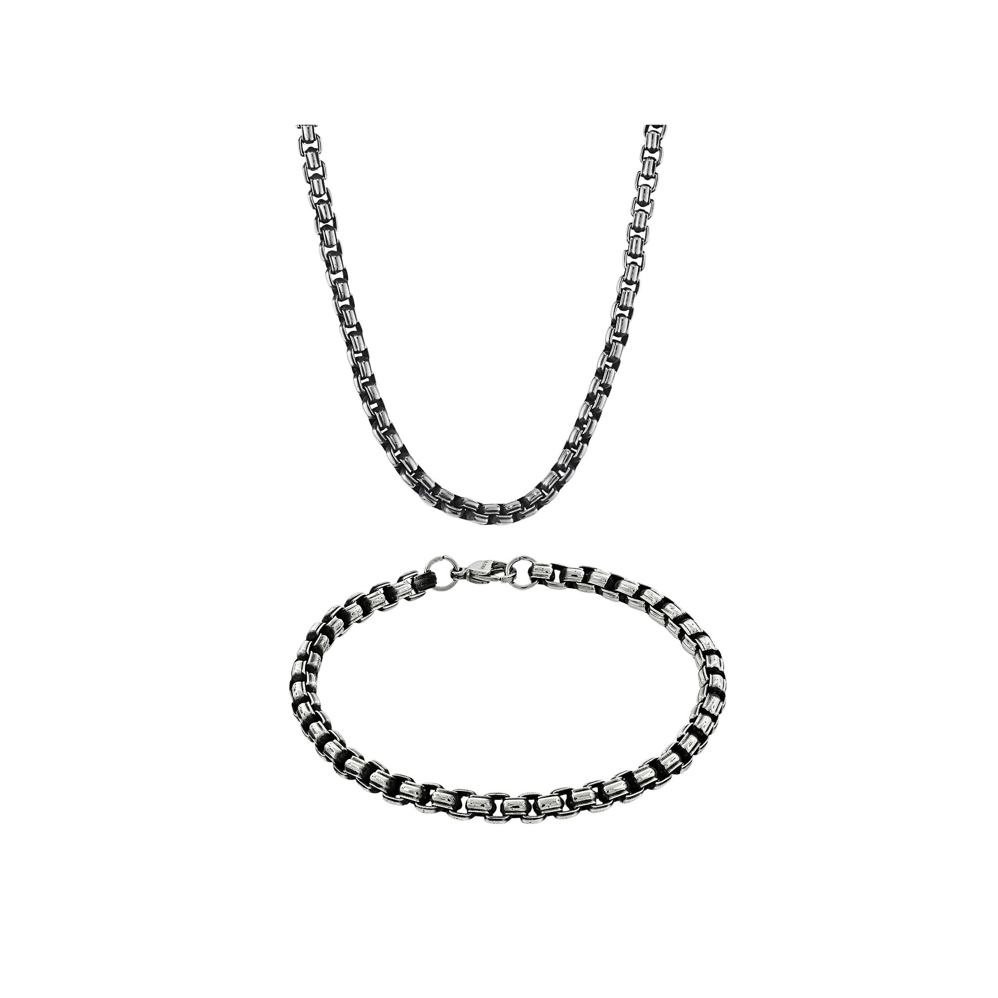 LYNX Stainless Steel Box Chain Necklace & Bracelet Set - Men, Mens, Size: