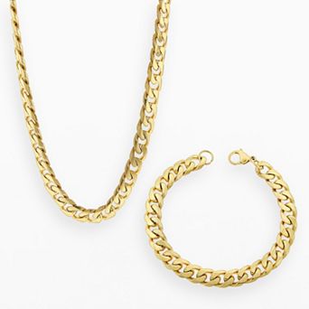 LYNX Yellow Ion-Plated Stainless Steel Curb Chain Necklace & Bracelet Set - Men