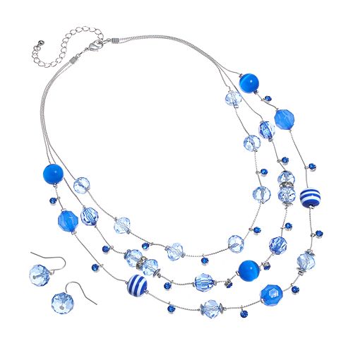 Silver Tone Simulated Crystal & Striped Bead Multistrand Necklace & Drop Earring Set
