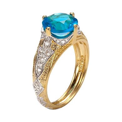 Sophie Miller 14k Gold Over Silver and Sterling Silver Aqua and White Cubic Zirconia Filigree Ring