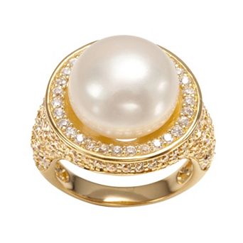 Sophie Miller 14k Gold Over Silver Freshwater Cultured Pearl & Cubic Zirconia Halo Ring