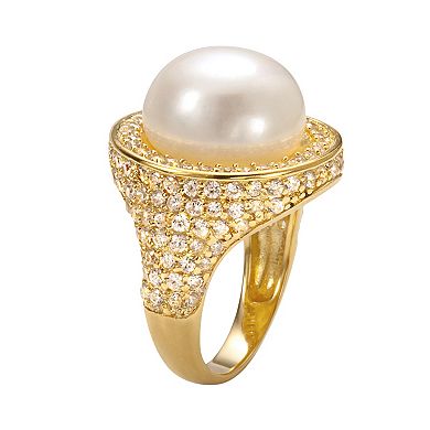 Sophie Miller 14k Gold Over Silver Freshwater Cultured Pearl and Cubic Zirconia Halo Ring