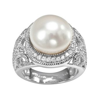 Sophie Miller Sterling Silver Freshwater Cultured Pearl & Cubic Zirconia Filigree Halo Ring
