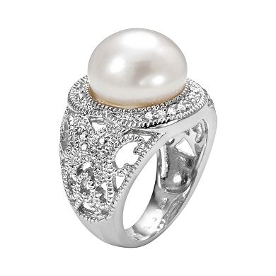 Sophie Miller Sterling Silver Freshwater Cultured Pearl and Cubic Zirconia Filigree Halo Ring