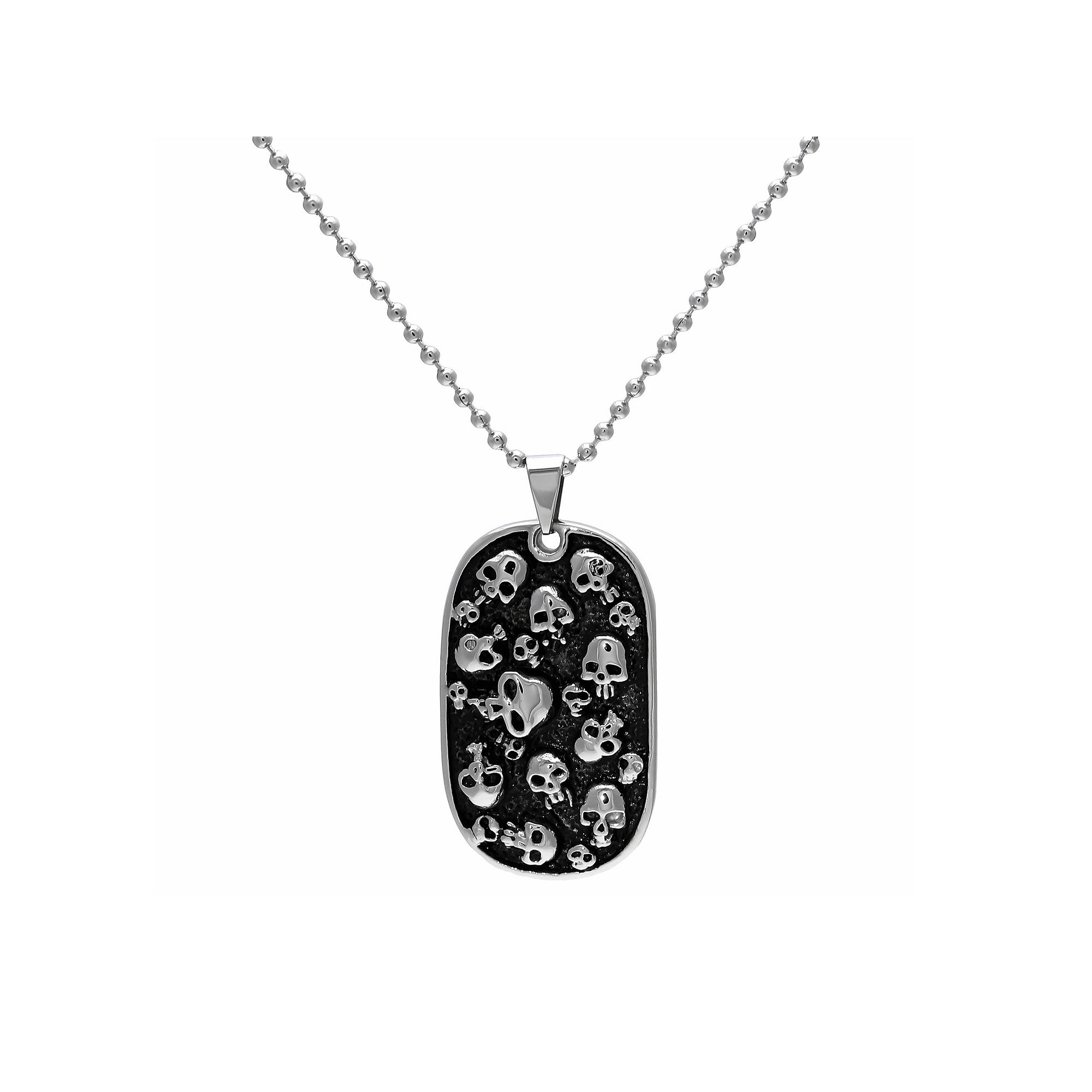 LYNX Stainless Steel and Black Ion-Plated Stainless Steel Skull Dog Tag Ne
