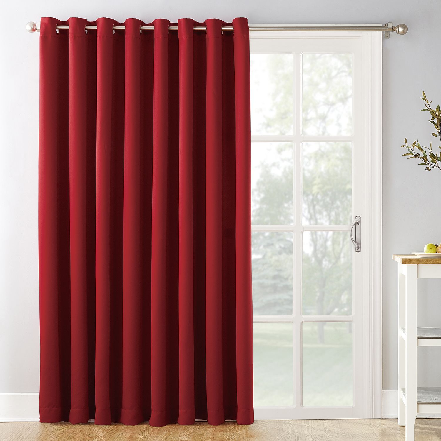 red patterned curtain fabric