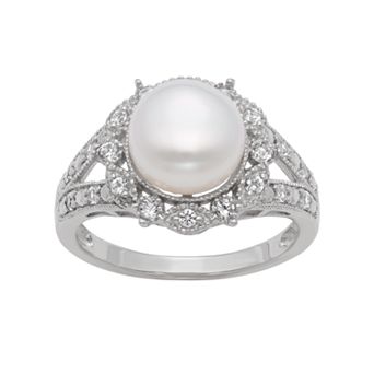 Sterling Silver Freshwater Cultured Pearl and Lab-Created White Sapphire Ring