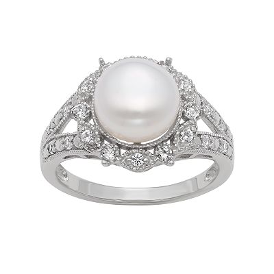 Sterling Silver Freshwater Cultured Pearl and Lab Created White Sapphire Ring
