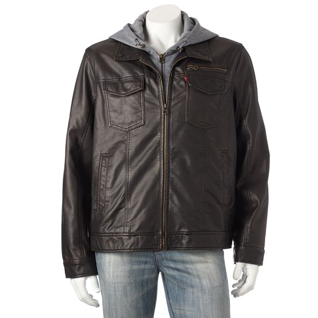 Mens Hooded Leather Denim Jacket