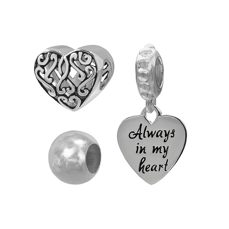 Individuality Beads Sterling Silver Heart Bead and Charm Set, Womens, Grey