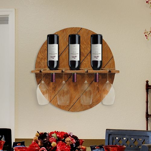 New View Wine Barrel 3 Bottle 4 Glass Wine Holder Wall Decor