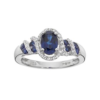 Sterling Silver Lab-Created Blue & White Sapphire Oval Halo Ring