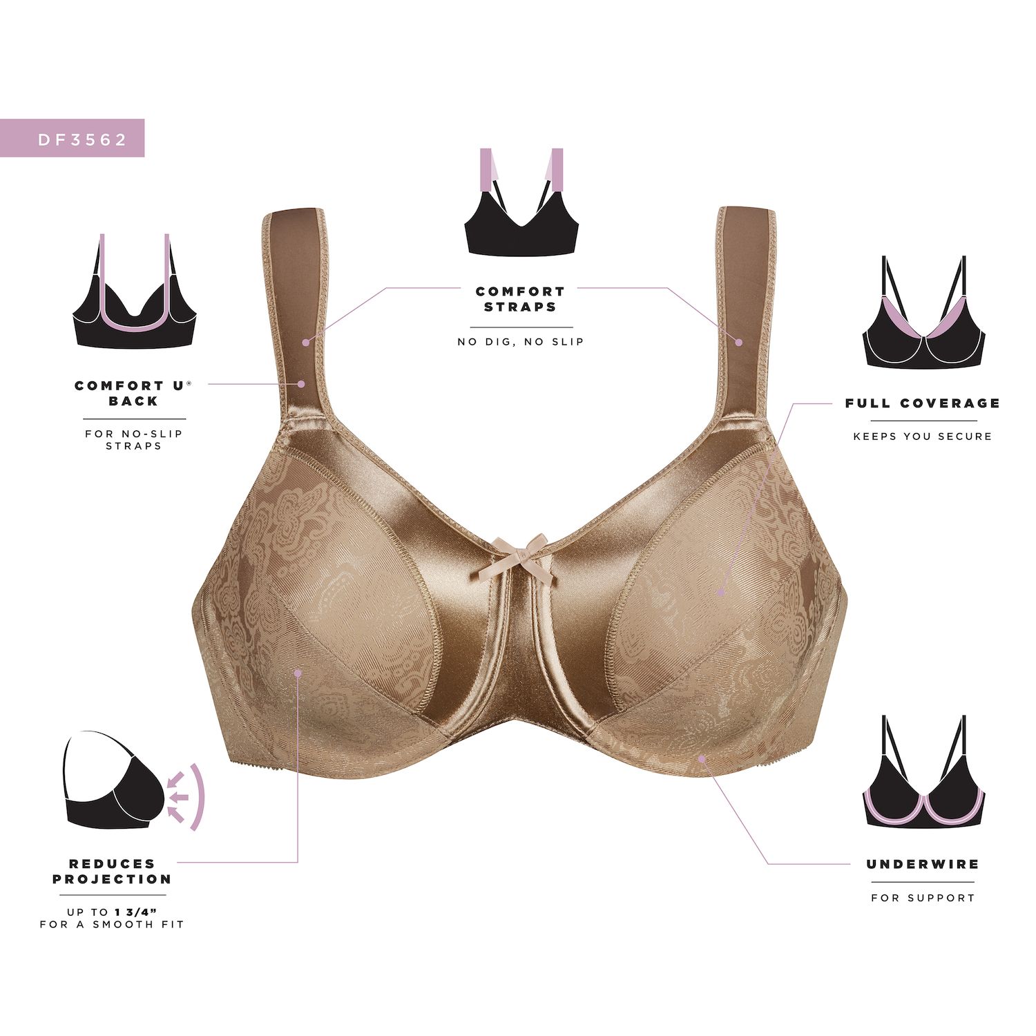 3-Pack Bali Minimizer Bras – Women's Satin Tracings Padded Sports Bras – Plus Size, Wireless, Pullover