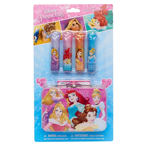 1 Disney Princess Lip Gloss Set & Storage Tin Set Belle Ariel Rapunzel 
