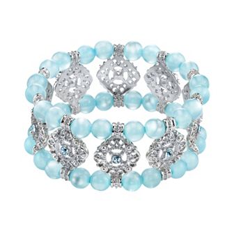 1928 Simulated Crystal & Bead Filigree Multistrand Stretch Bracelet