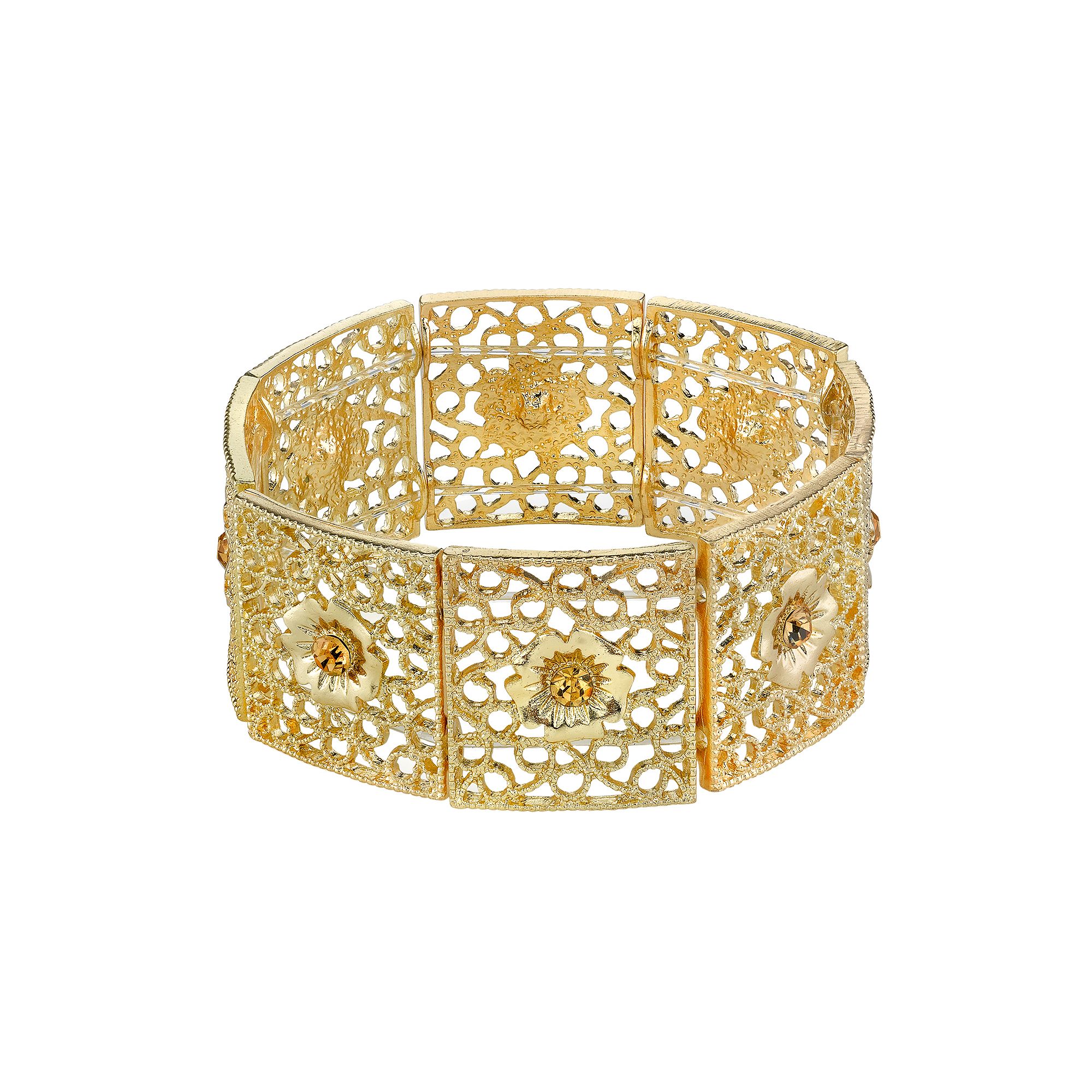 1928 Simulated Crystal Openwork Flower Stretch Bracelet, Womens, Gold Tone