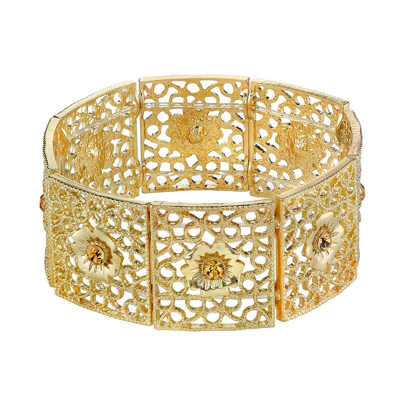 1928 Simulated Crystal Openwork Flower Stretch Bracelet, Womens, Yellow
