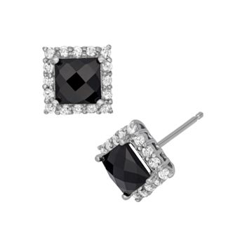 Sterling Silver Onyx and Lab-Created White Sapphire Square Halo Stud Earrings