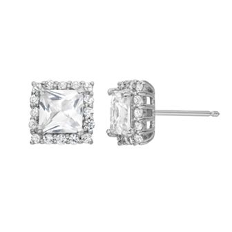 Lab-Created White Sapphire Sterling Silver Square Halo Stud Earrings