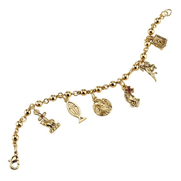 Symbols of Faith Gold Tone Simulated Crystal Cross Charm Bracelet