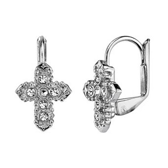 Symbols of Faith Silver Tone Simulated Crystal Cross Drop Earrings