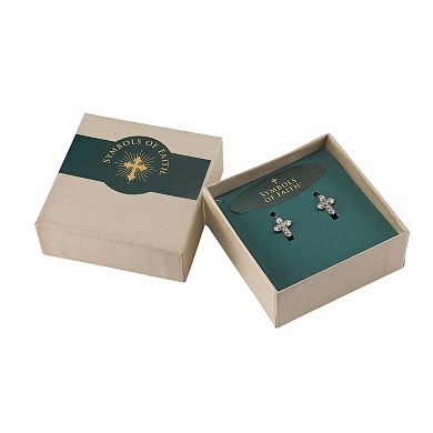 Symbols of Faith Silver Tone Simulated Crystal Cross Drop Earrings