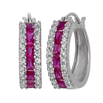 Sterling Silver Lab-Created Ruby and Lab-Created White Sapphire Hoop Earrings