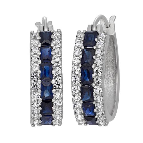 Sterling Silver Lab-Created Blue & White Sapphire Hoop Earrings