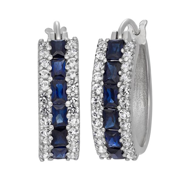 Sterling Silver Lab-Created Blue and White Sapphire Hoop Earrings
