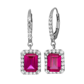 Sterling Silver Lab-Created Ruby and Lab-Created White Sapphire Rectangular Halo Drop Earrings