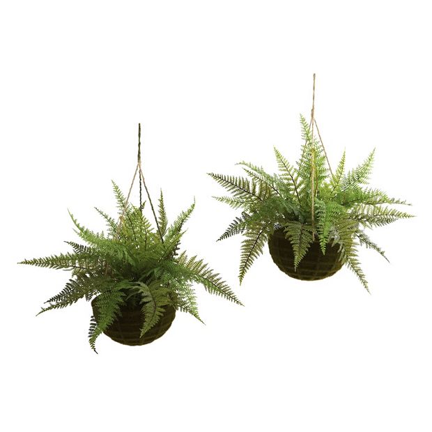 Nearly Natural Leather Fern with Mossy Hanging Basket Indoor-Outdoor Set of 2