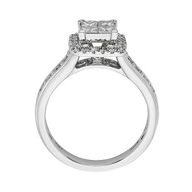 IGL Certified Diamond Square Halo Engagement Ring in 14k White Gold (1 ct. T.W.) 