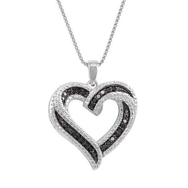 PriceRock Sterling Silver Black and White Diamond Heart Pendant Necklace 18 Inches Long