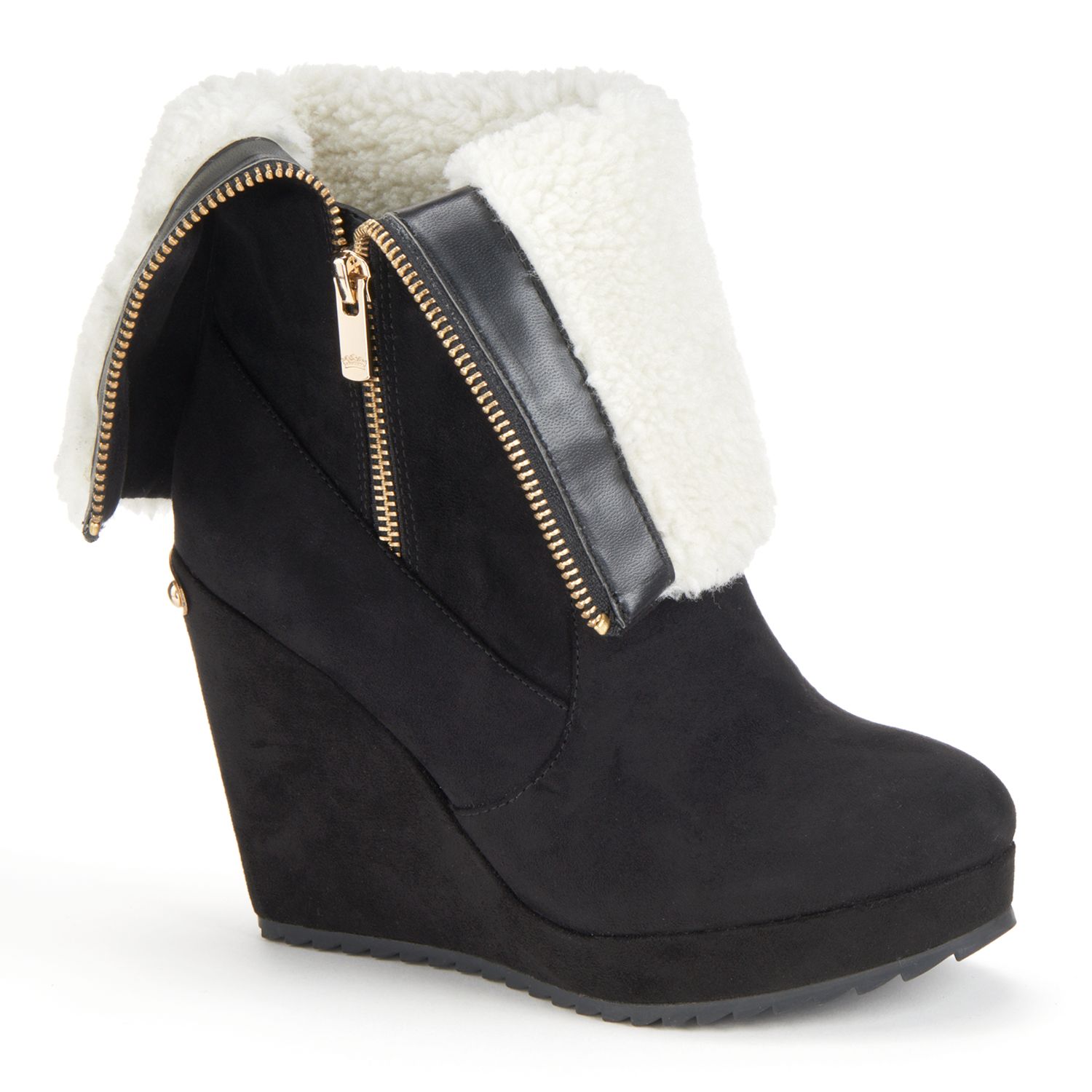 JUICY COUTURE BLACK KASIA WOMEN'S FOLD-OVER PLATFORM WEDGE ANKLE BOOTS