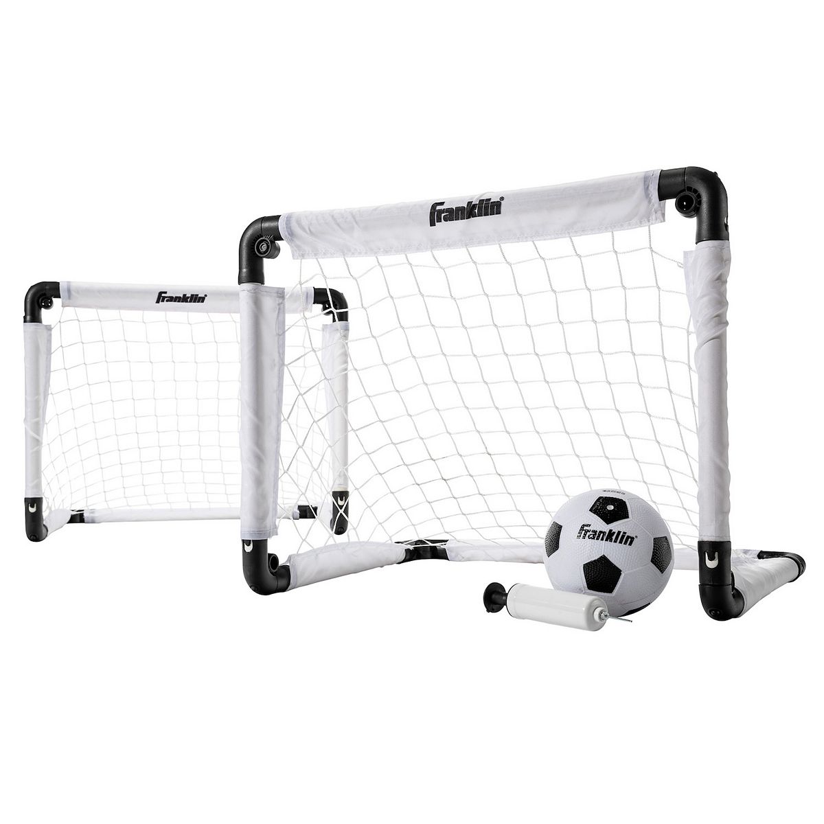 Two white and black Nets from the Franklin Sports MLS Mini Insta Indoor Soccer Set with a Soccer Ball