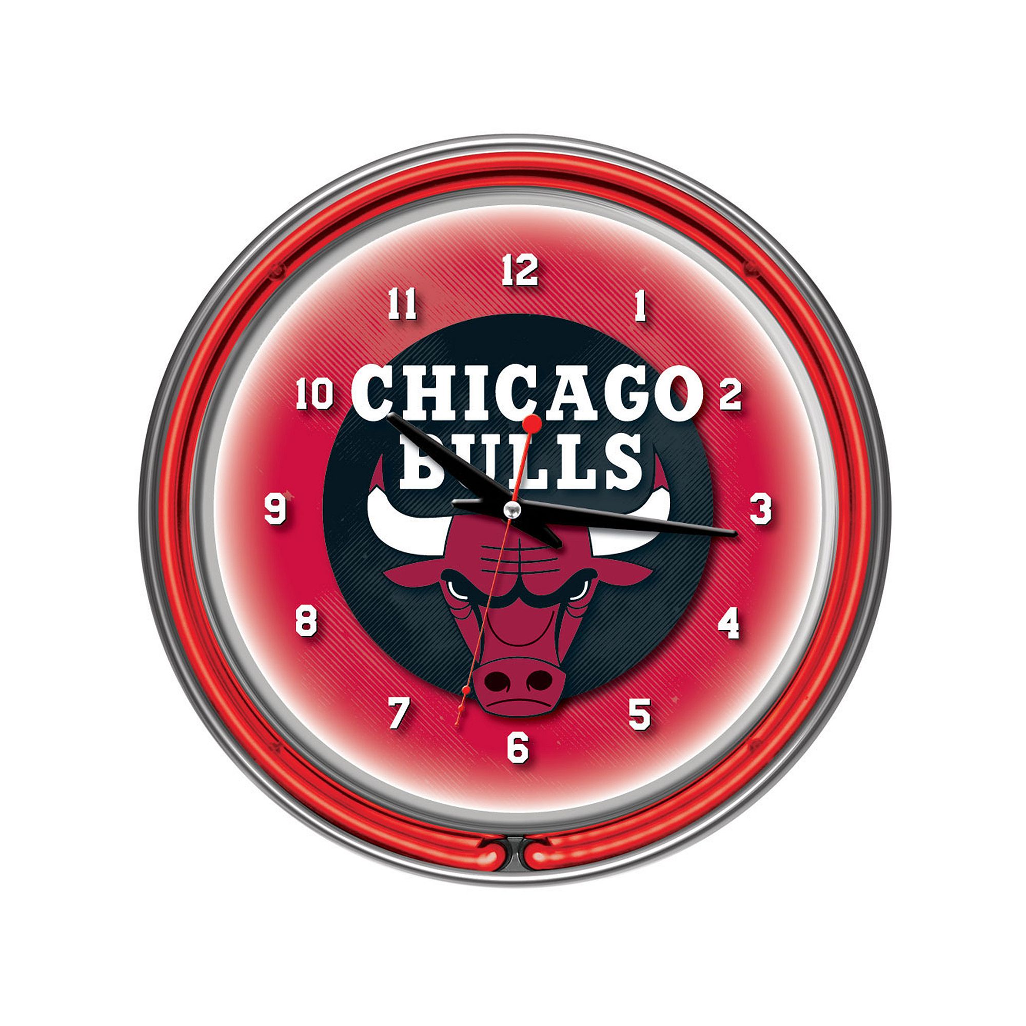 Chicago Bulls Logo Chrome Double-Ring Neon Wall Clock, Team