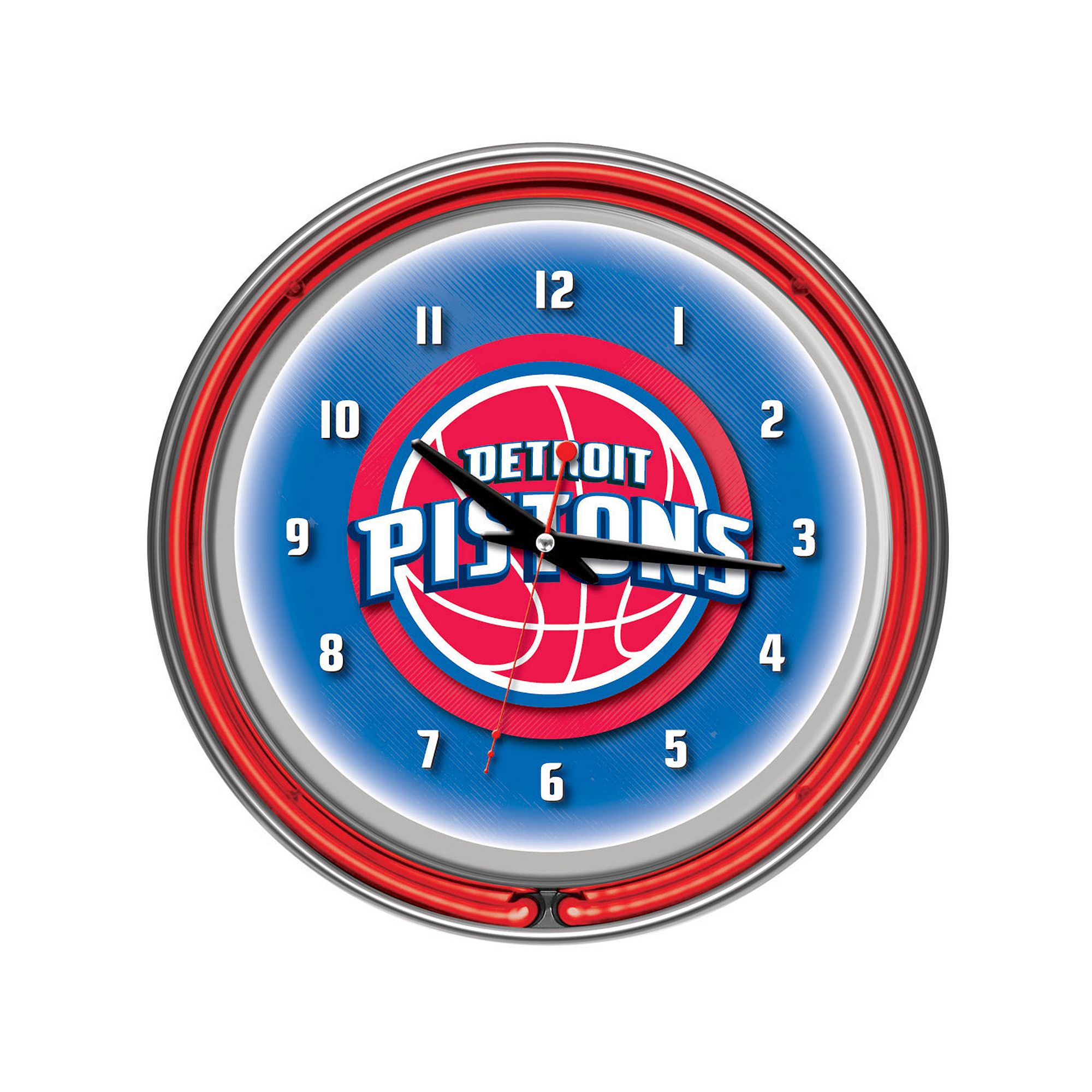 Detroit Pistons Logo Chrome Double-Ring Neon Wall Clock, Pis Team