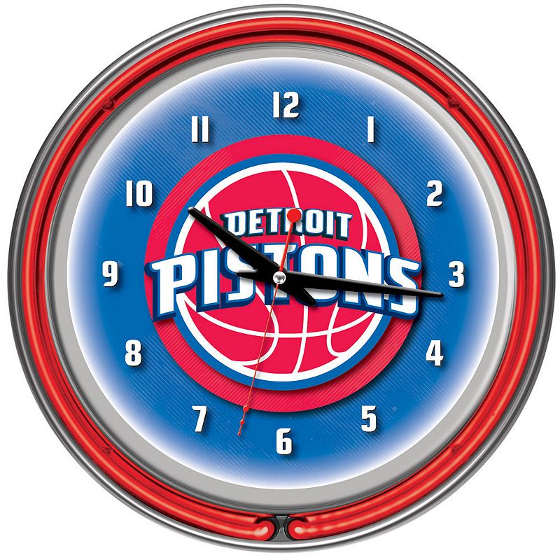 Detroit Pistons Chrome Double-Ring Neon Wall Clock, Multicolor