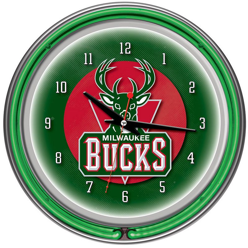 Milwaukee Bucks Chrome Double-Ring Neon Wall Clock, Multicolor