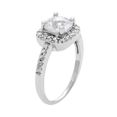 Sterling Silver Lab-Created White Sapphire and Diamond Accent Square Halo Ring