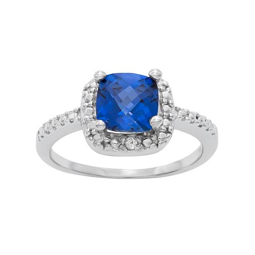 Sterling Silver Lab-Created Sapphire & Diamond Accent Square Halo Ring