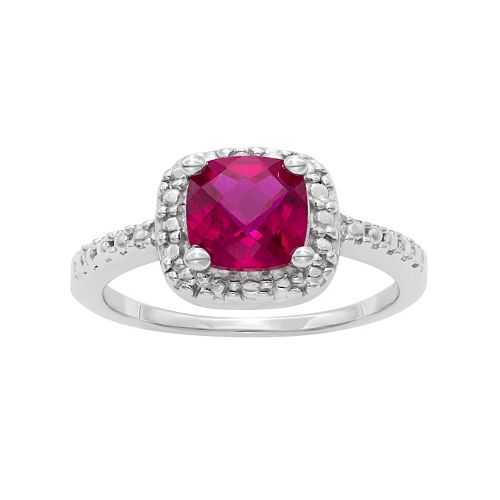 Sterling Silver LabCreated Ruby & Diamond Accent Square Halo Ring