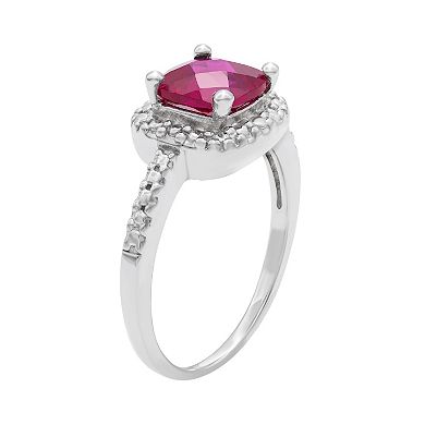 Sterling Silver Lab-Created Ruby and Diamond Accent Square Halo Ring