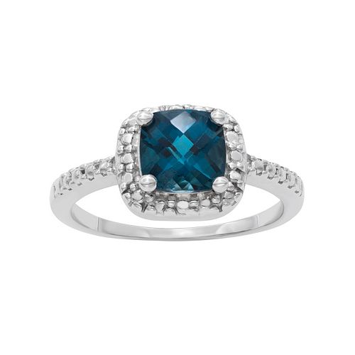 Sterling Silver London Blue Topaz and Diamond Accent Square Halo Ring